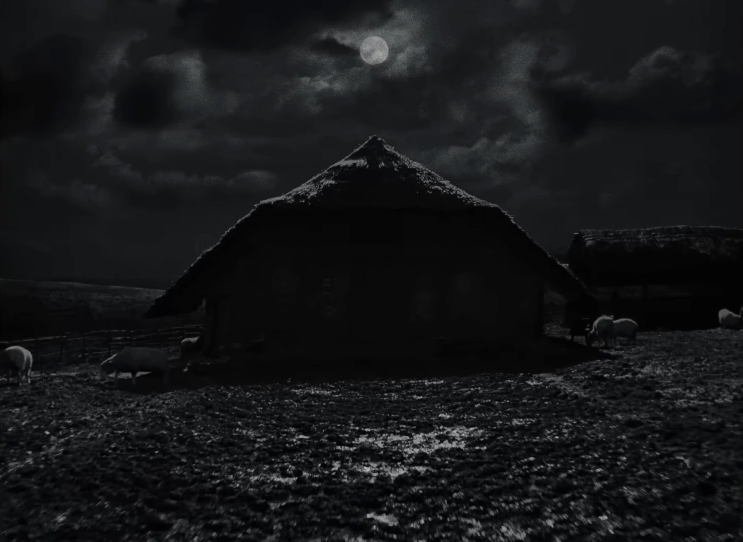 A wider view of the thatched cabin beneath the moon